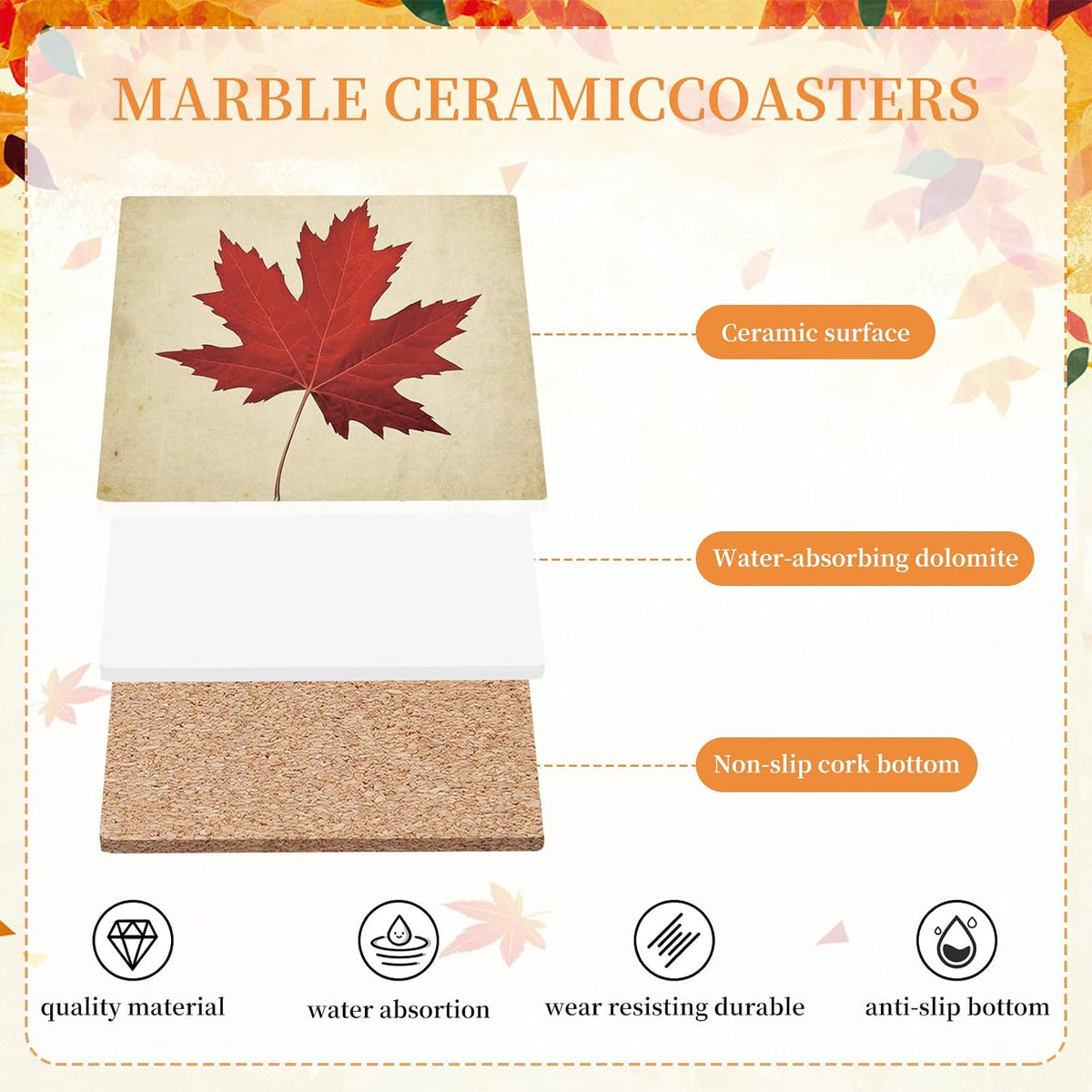 FYSUIMU 4 Pcs Fall Leaves Coasters Autumn Maple Leaf Square Ceramic