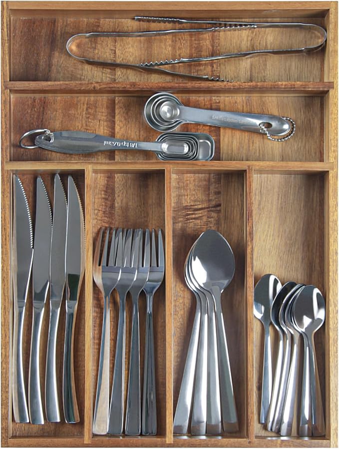 KITEISCAT Acacia Wood Silverware Organizer, Kitchen Utensil Drawer Organizer - Image 4
