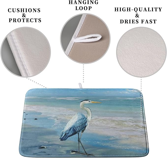 Summer Blue Dish Drying Mat for Kitchen Counter 18x24 Inch Heron Coastal Beach - Image 3