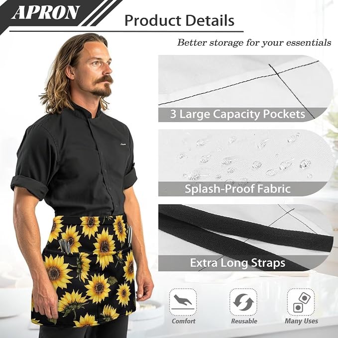 Server Apron with 3 Pockets, Waterproof Oil Waitress Waiter Half Apron - Image 6
