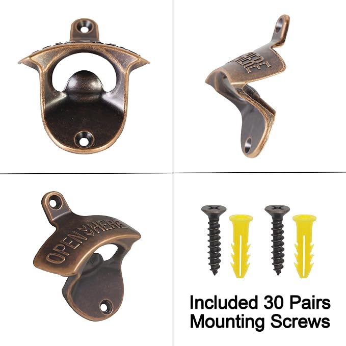 30 PCS Retro Bottle Cap Opener Wall Mounted Stainless, Antique Copper Screw in - Image 5