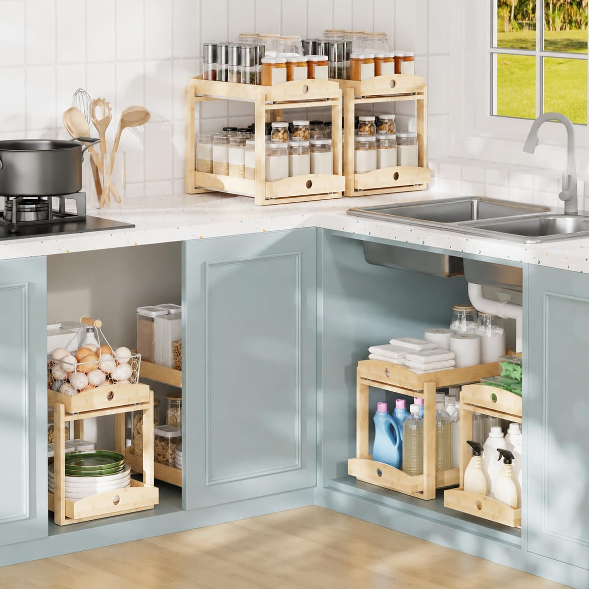 Bamboo Under Sink Organizer 2 Tier Pull Out Cabinet Storage Drawer