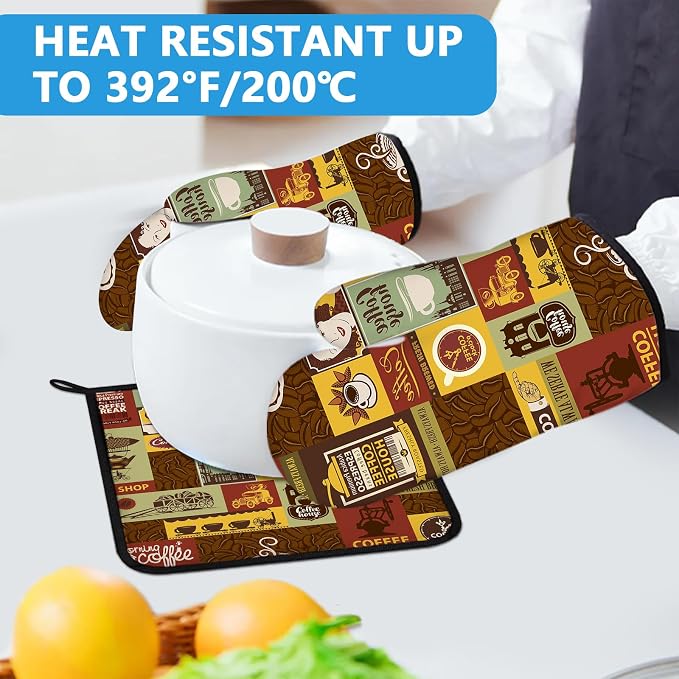 Coffee Theme Oven Mitts and Pot Holders Sets Heat Resistant 4Pcs Potholders - Image 5