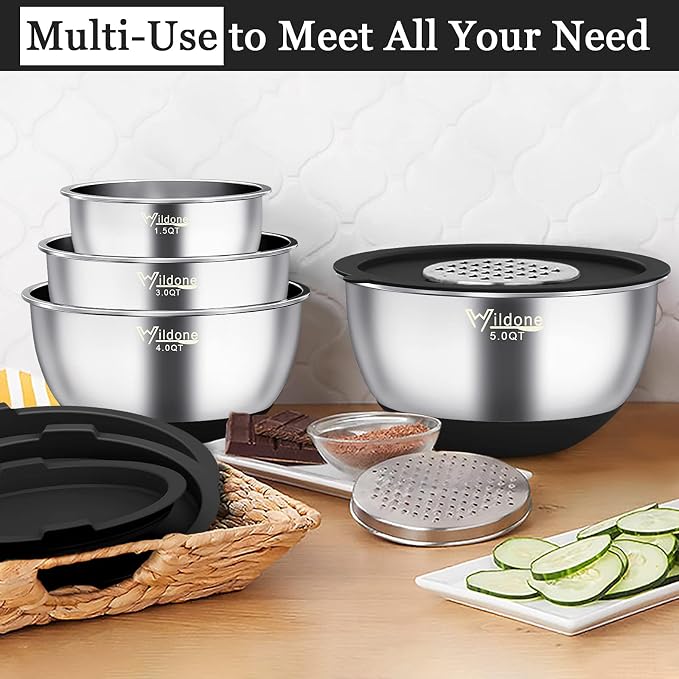 Wildone Mixing Bowls with Airtight Lids, with 3 Grater Attachments, Scale Marks - Image 5