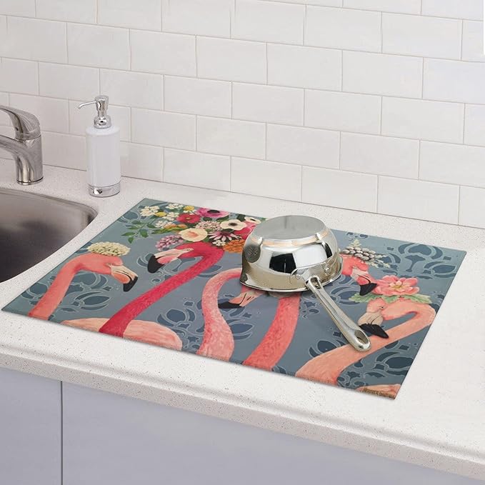Flamingo Flowers Dish Drying Mat 18x24 Inch, Microfiber Absorbent Fast Dry Mat - Image 6