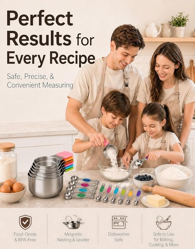 Magnetic Measuring Cups and Spoons Set304 Stainless Steel Dual Scale Set of 15 - Image 3