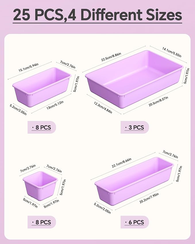 KEMETHY 25 PCS Plastic Drawer Organizers Set, 4 Sizes Vanity Organizer - Image 2