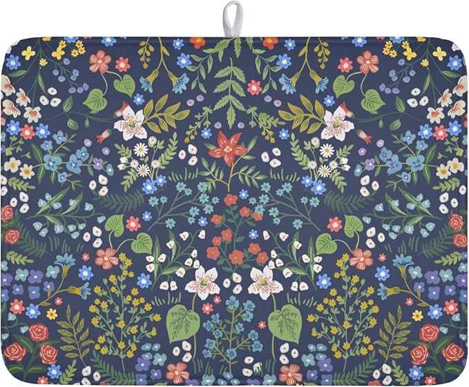Flower Floral Dish Drying Mat 18x24 inch Microfiber Navy Blue Drying Mats by Giwawa