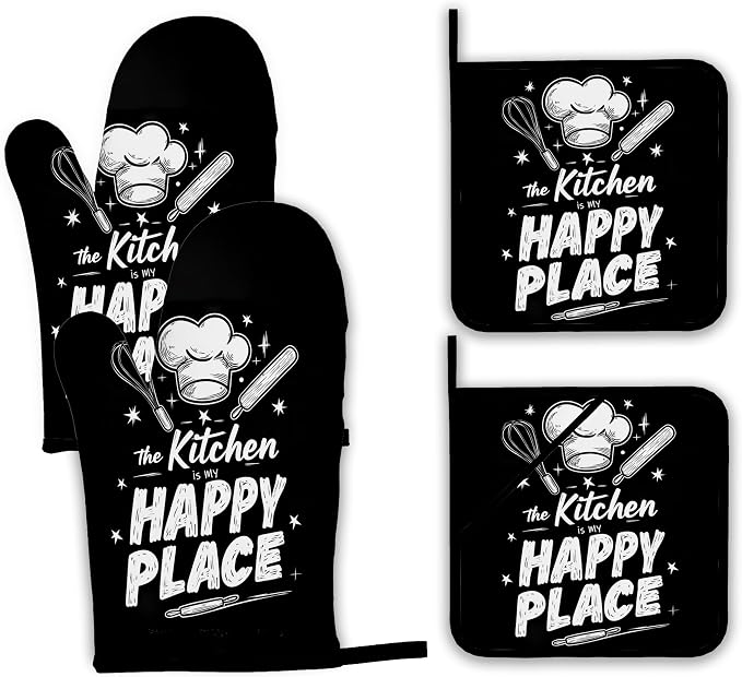 Funny Oven Mitts and Pot Holders Set, The Kitchen is My Happy Place Kitchen by Unknown