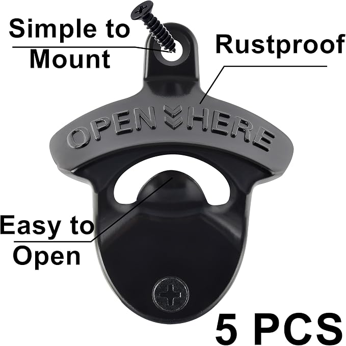 Black Bottle Top Opener Wall Mounted, Classic Open Here Beer Opener Mountable - Image 2