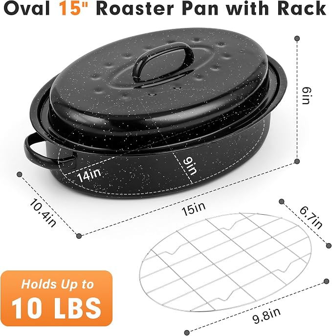 15” Roaster Pan with Lid and Rack, Small Enamel Roaster Pan with Oval Roasting - Image 2