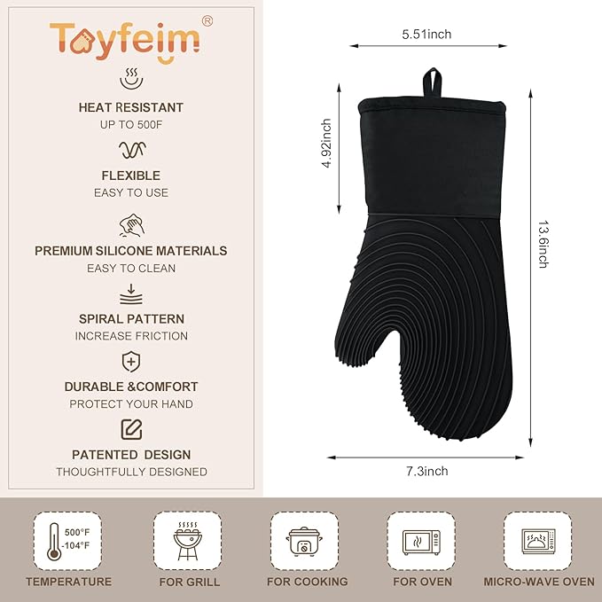 Silicone Oven Mitts-13.6 in Extended Oven Mitts Heat Resistant 500F, Oven Gloves - Image 5