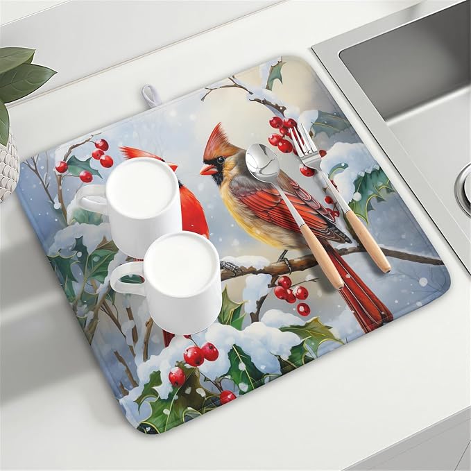 Winter Cardinal Birds Dish Drying Mat, Holly Berry Branches Dish Drying Mat - Image 8