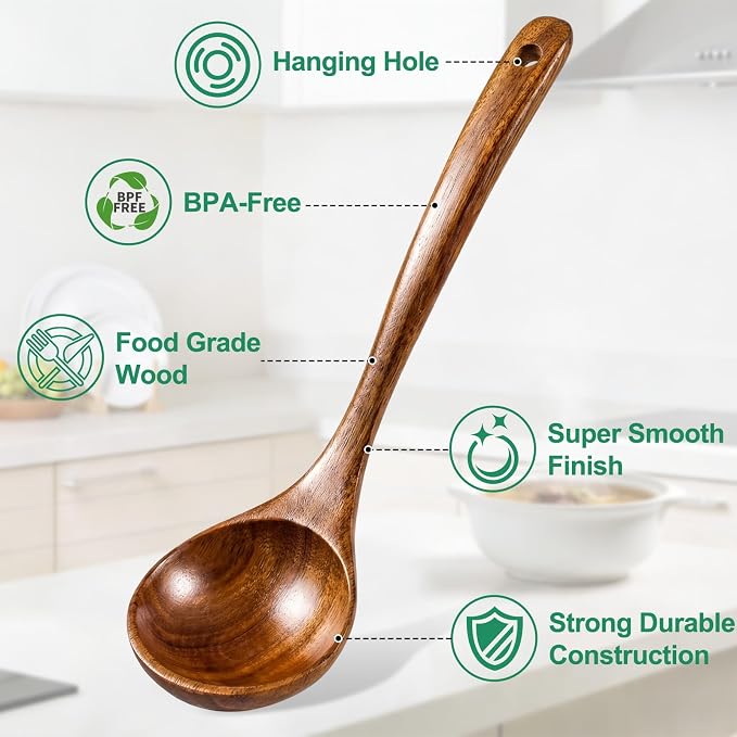 Wooden Ladles for Cooking, 2-Piece Soup Ladle & Pasta Spoon Set, Natural Teak - Image 3