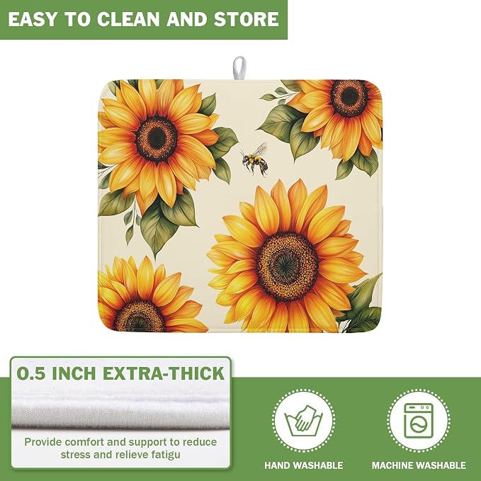 Spring Summer Dish Drying Mat 16x18 Inch Absorbent Reversible Sunflower Drying - Image 5