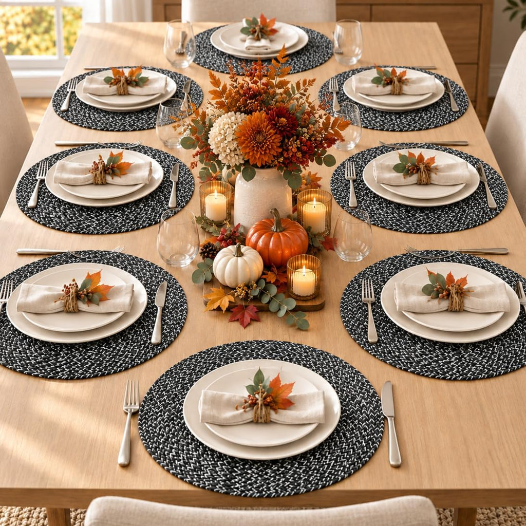 Marled Twist Set of 8 Placemats, 15" Round Cotton, Black, Heat