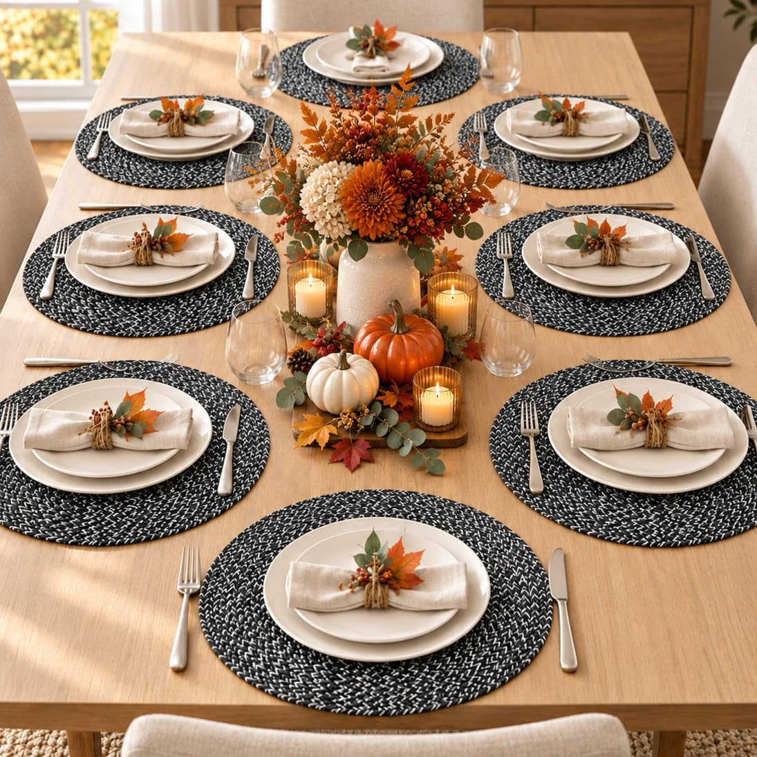 Marled Twist Set of 8 Placemats, 15" Round Cotton, Black, Heat