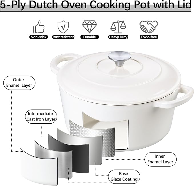 E-far Dutch Oven Pot with Lid, 5 Quart Enameled Cast Iron Round Dutch Oven - Image 4