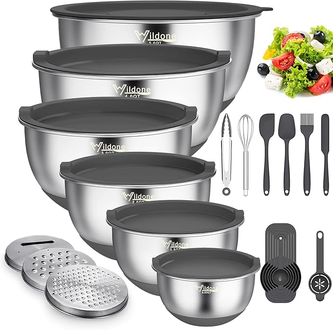 Wildone Mixing Bowls with Airtight Lids, 3 Grater Attachments, Measurement by Wildone