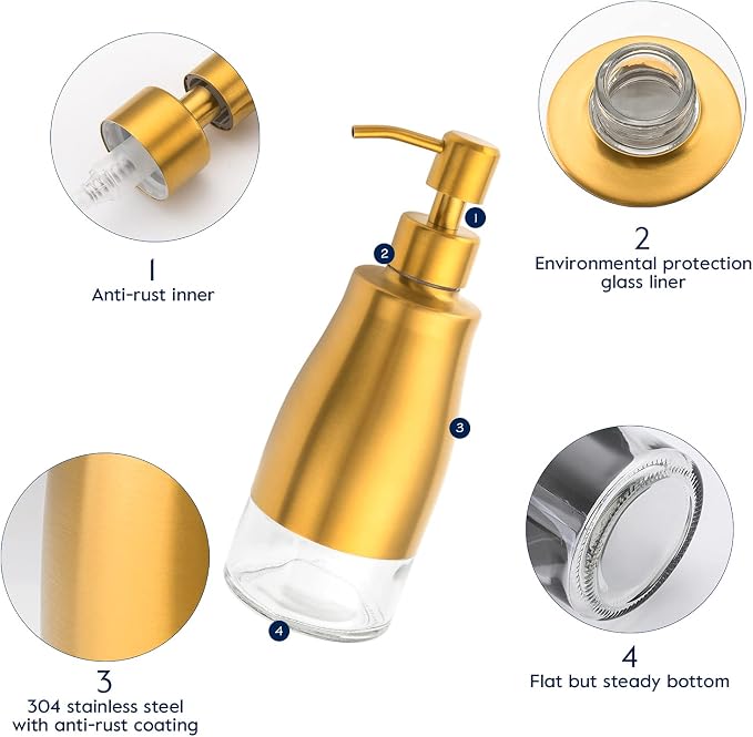 Gaussra Soap Dispenser with Coaster and Stickers, Brushed Gold Stainless Steel - Image 5