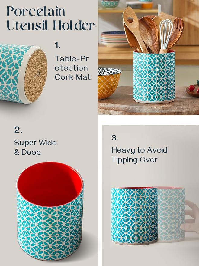 DOWAN Colorful Large Utensil Holder, 7.2" x 6.2" Ceramic Kitchen Utensil Holder - Image 5