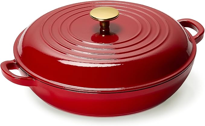 CAROTE 3.4QT Enameled Cast Iron Braiser Pan, Shallow Dutch Oven Casserole by CAROTE