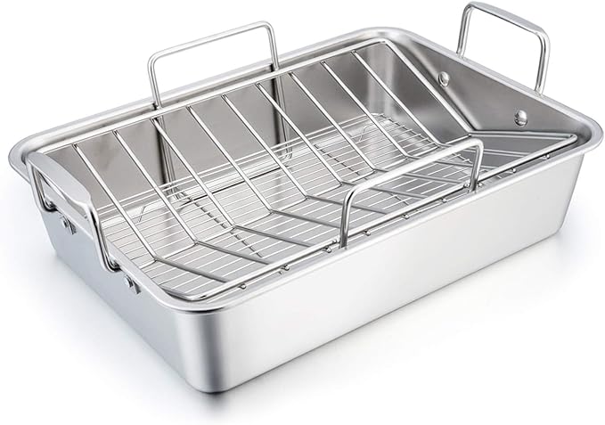 TeamFar Stainless Steel Roasting Pan, 16 Inch Large Turkey Roaster Lasagna Pan by TeamFar
