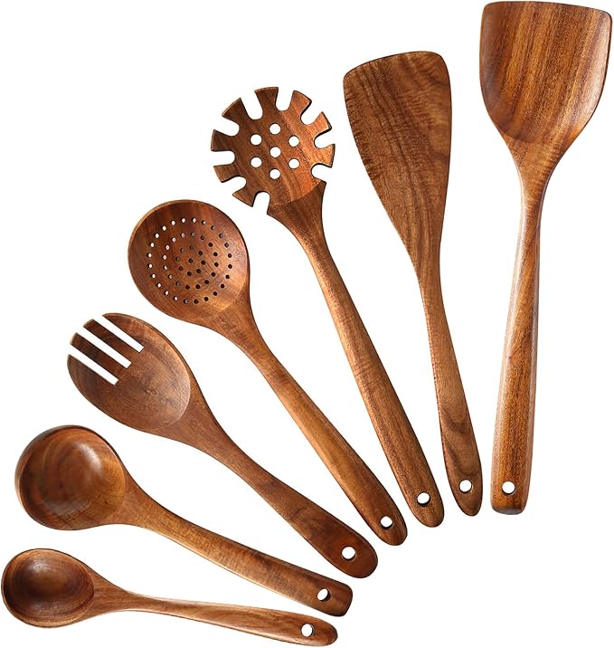 Wooden Spoons for Cooking 7Pcs Natural Acacia Wooden Utensils Set, Wooden Spoon by MBKET