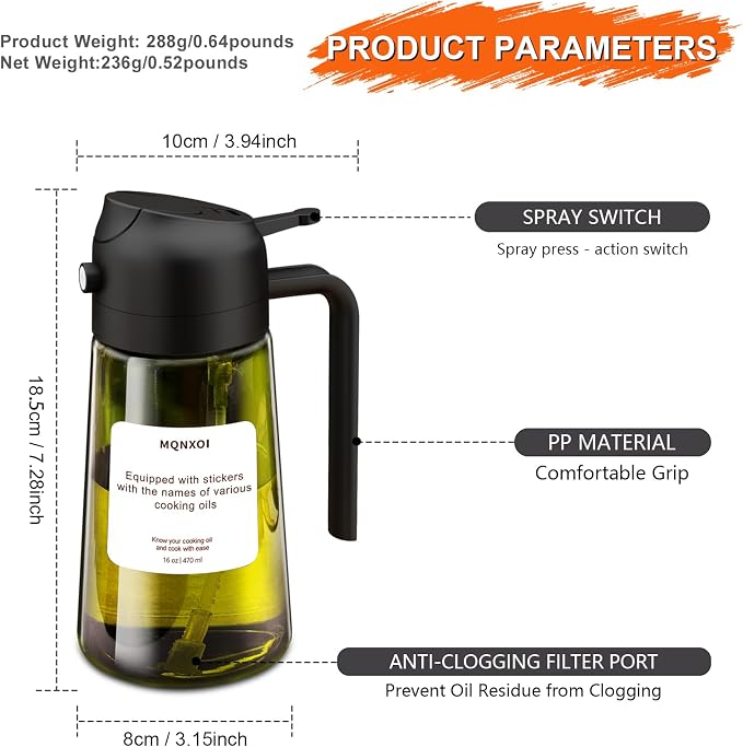mqnxoi 2 in 1 Glass Oil Sprayer & Dispenser, 16oz/470ml Olive Cooking, Air Fryer - Image 8