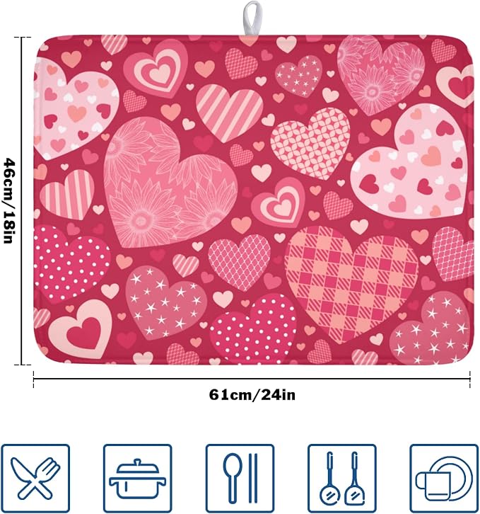 Valentine's Day Dish Drying Mat 18 x 24 Inch Heart Shaped Pattern Dish Drying - Image 2