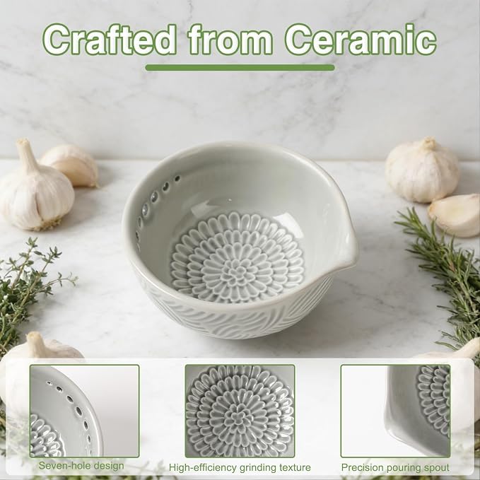 Ceramic Grater Bowl with Herb Stripper, 3 in 1 Handmade Ginger Grater Bowl - Image 6