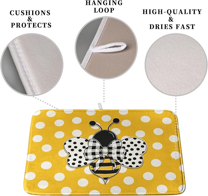 Bee Dish Drying Mat for Kitchen Counter 16x18 Inch Yellow Honey Bees Polka Dots - Image 3