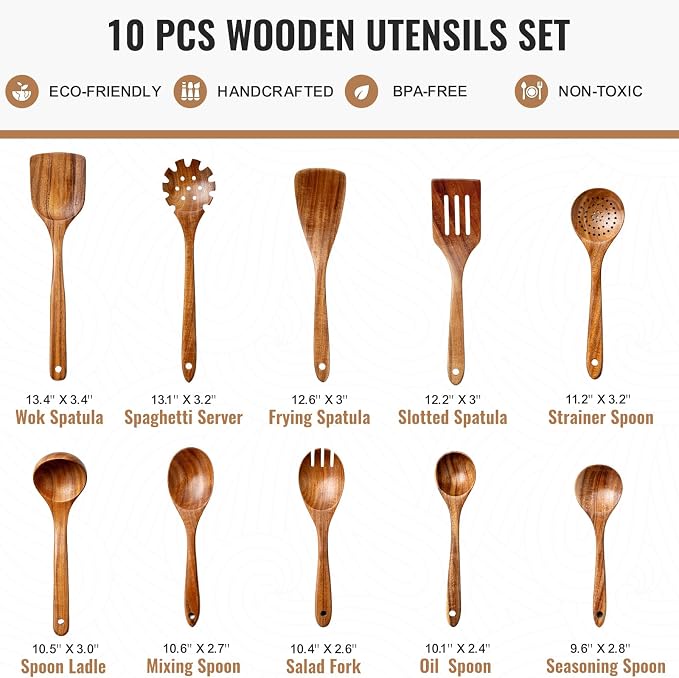 Terlulu 10 Pcs Wooden Spoons for Cooking, Natural Teak Wooden Kitchen Utensils - Image 2