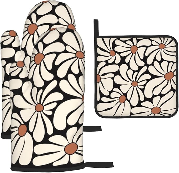 Boho Floral Pot Holders and Oven Mitts Set, Cute Black and Beige Kitchen Mitts by Unknown