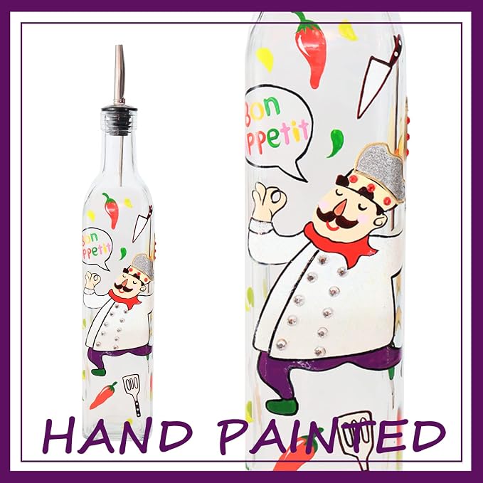 17oz Hand Painted Glass Olive Oil Bottle - 500ml Green Oil & Vinegar Cruet - - Image 2