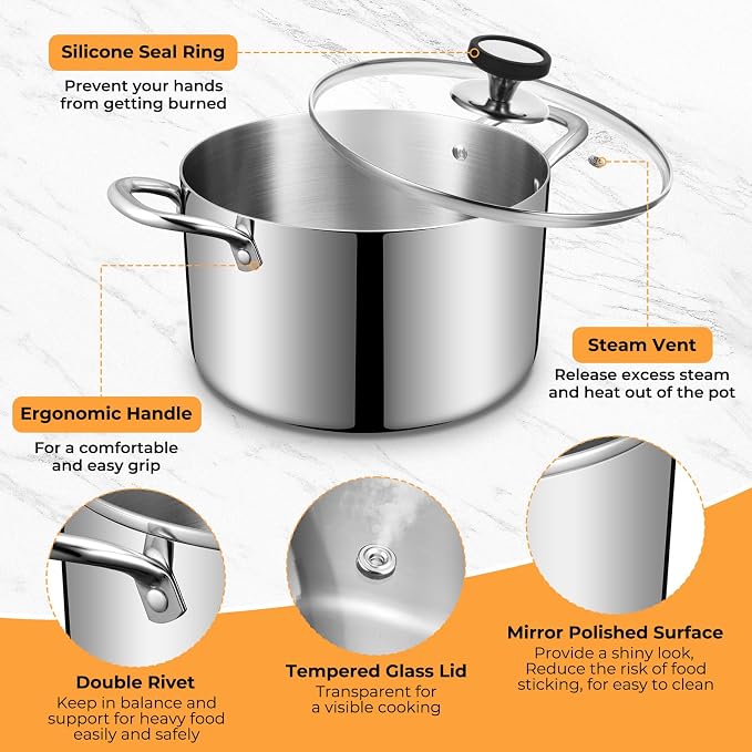 Tri-Ply Stainless Steel Stock Pot, 8 Quart Heavy Duty Induction Cooking Pot - Image 4