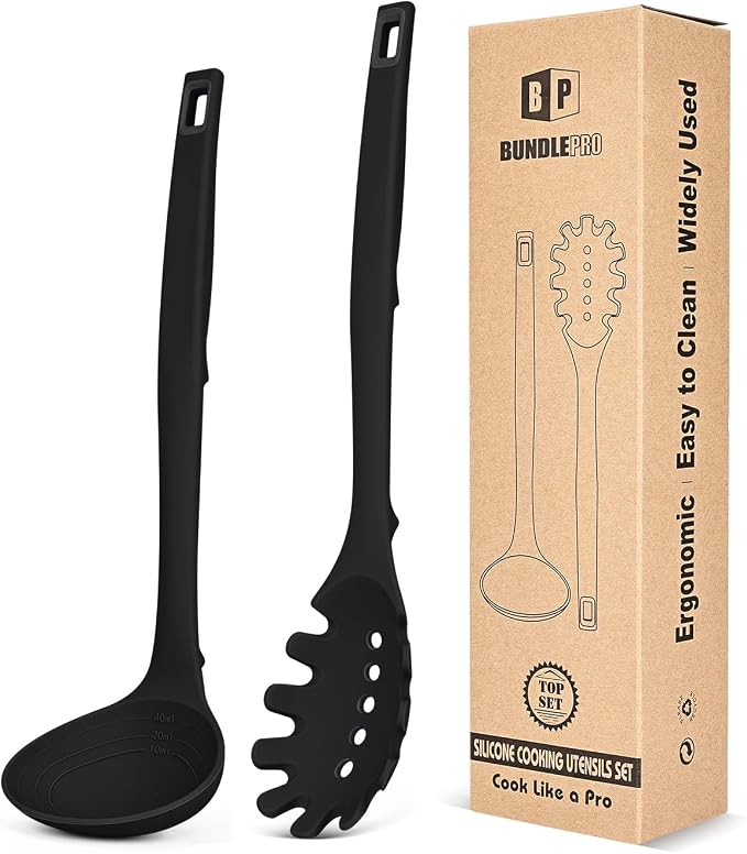Silicone Pasta Fork and Soup Ladle Set, Heat Resistant Non Stick Kitchen by BUNDLEPRO