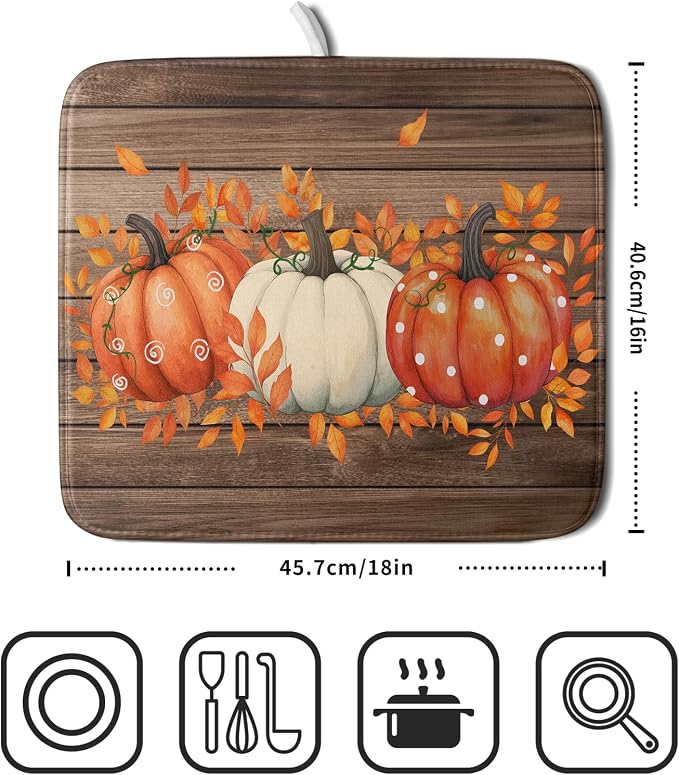 Autumn Pumpkin Dish Drying Mat Rustic Wood Dish Drainer Mats Fast Dry - Image 2