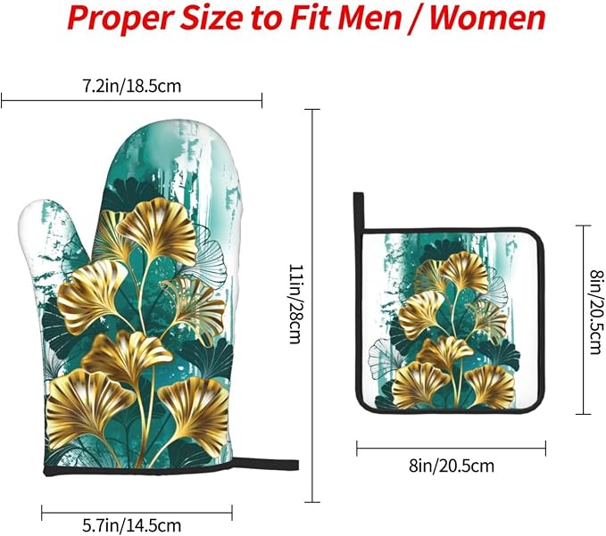 Teal Gold Green Leaves Oven Mitts and Pot Holders Set Heat Resistant Non Slip - Image 4