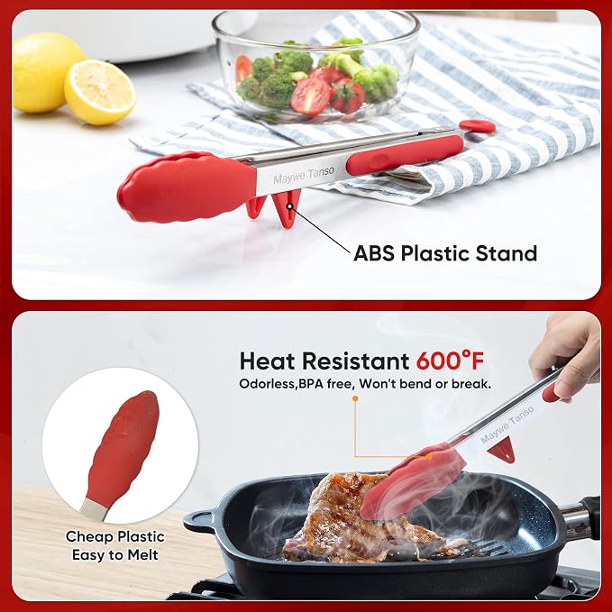 5-Pack Silicone Tongs for Cooking, Maywe Tanso 4PCS 13-Inch Kitchen Tongs - Image 3