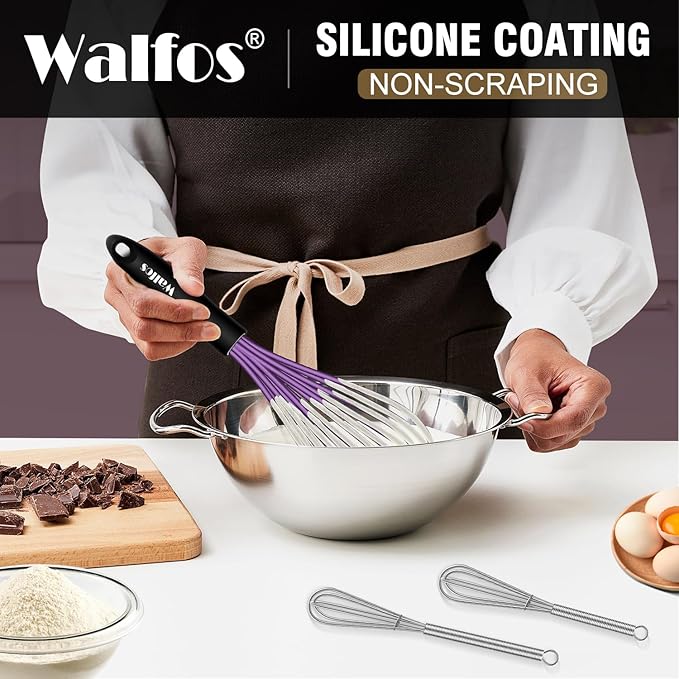 Walfos Whisk, Silicone Whisks Set of 5, Mini Stainless Steel Whisk 7+5in & Non - Image 8