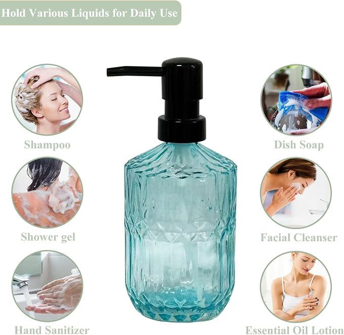 Blue Glass Soap Dispenser with Black Pump, 15oz Liquid Hand Dispenser, - Image 6