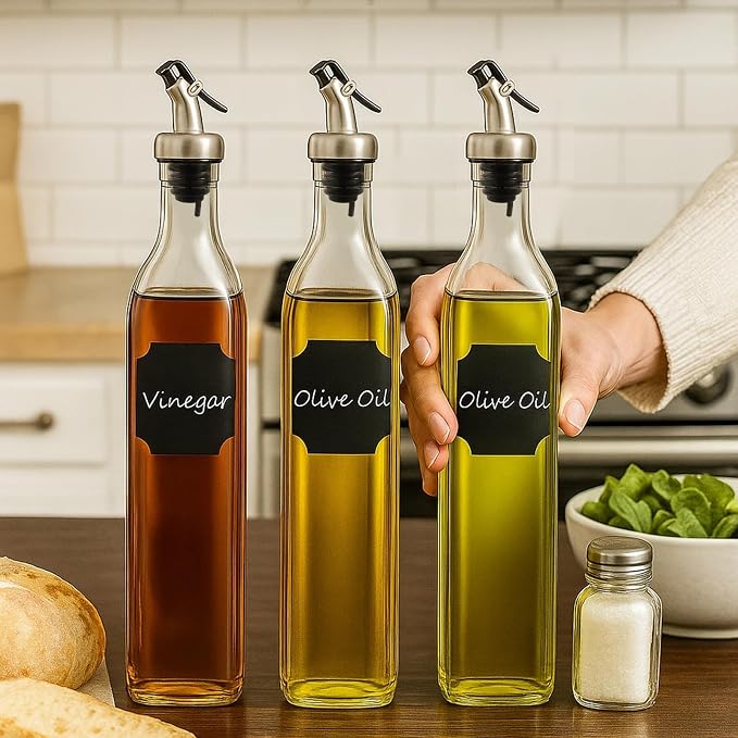 WERTIOO Olive Oil Dispenser Bottle, 1 Stainless Steel Funnel & 1 Pen and 8 Label - Image 2