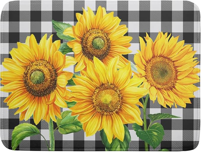 Sunflower Dish Drying Mat for Kitchen Counter Black White Buffalo Plaid by Unknown