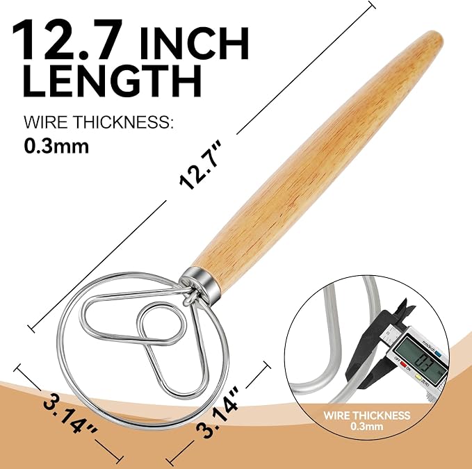 Danish Dough Whisk Dutch Bread Mixer Stainless Steel Hook Wooden Handle Baking - Image 2