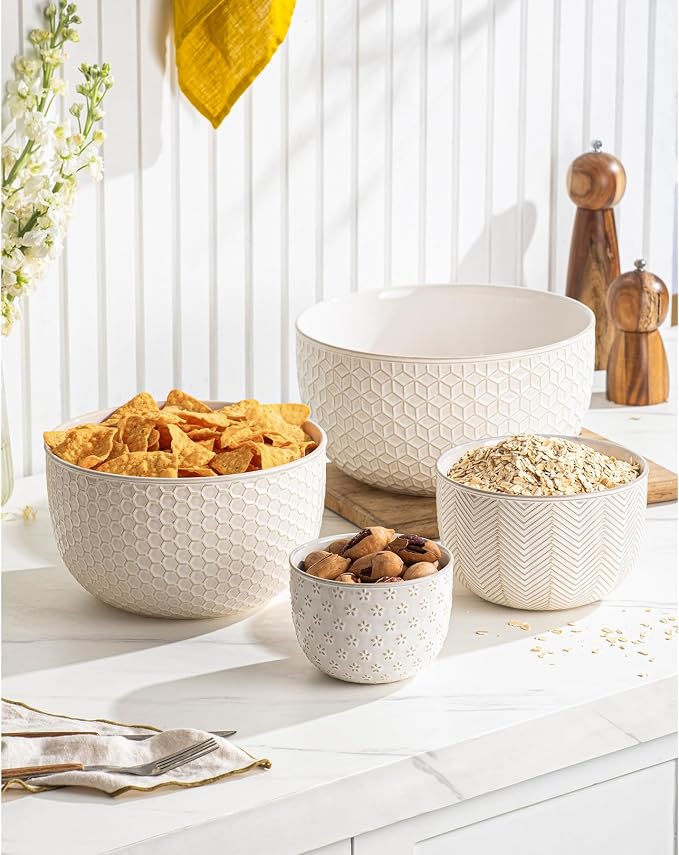 Ceramic Mixing Bowls, Embossed Nesting Bowls Set of 4, Mixing Bowl Set - Image 2