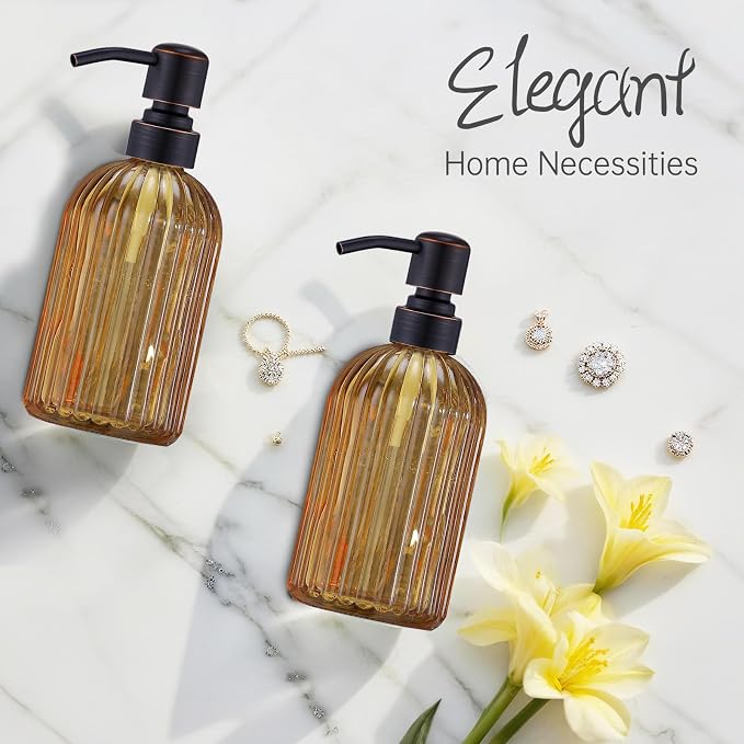 16 OZ Amber Glass Soap Dispenser, Amber Stripe Bathroom Hand Soap Dispensers - Image 7