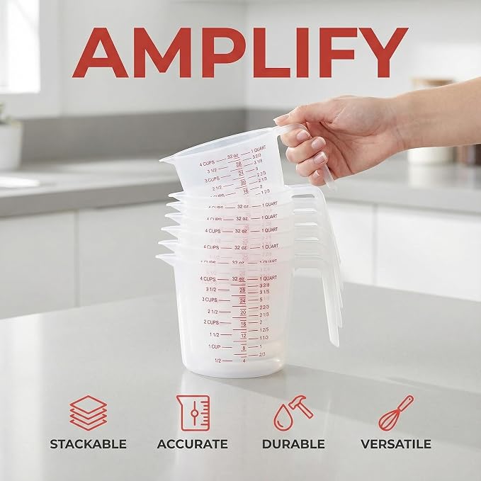 16 Pcs 4 Cup Capacity Plastic Measuring Cup, 32 Oz/1000 ml Clear Graduated - Image 5