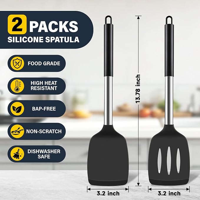 2 Pack Silicone Spatula Set, Solid & Slotted Turner - Image 2