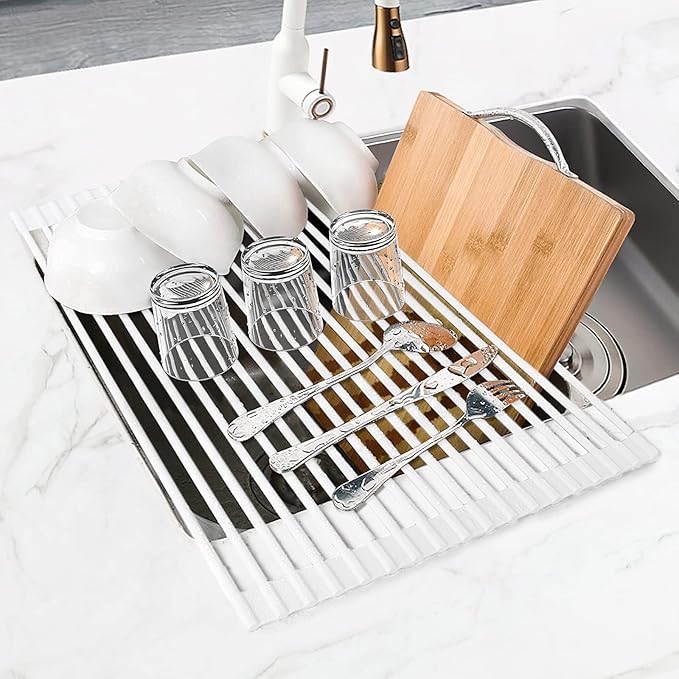 MERRYBOX Roll Up Over The Sink Dish Drying Rack Silicone Wrapped Foldable - Image 9